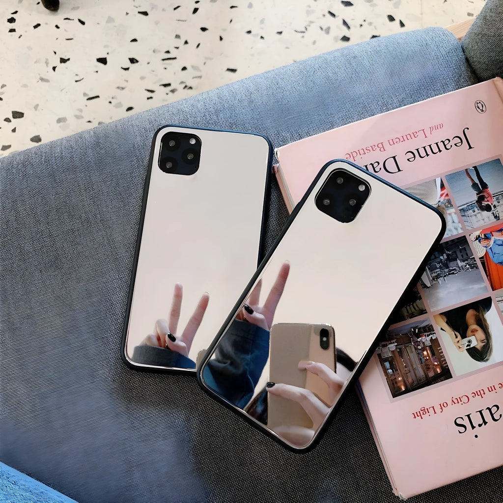 Glass mirror phone case for iPhone 14 Pro Max with reflective cosmetic mirror back cover and retro style design