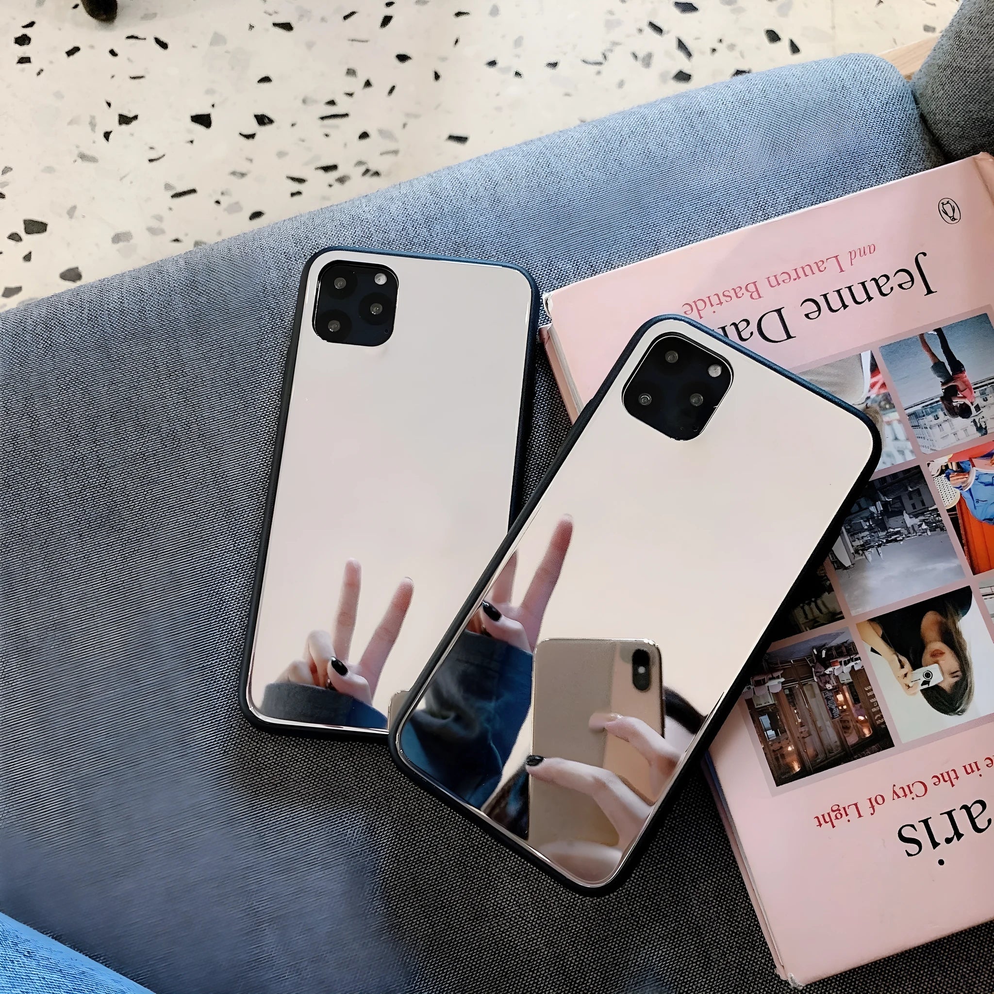 Glass mirror phone case for iPhone 14 Pro Max with reflective cosmetic mirror back cover and retro style design