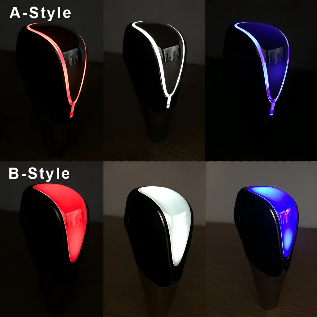 Car shift lever modification accessory with LED light head in edge light style showing blue illumination