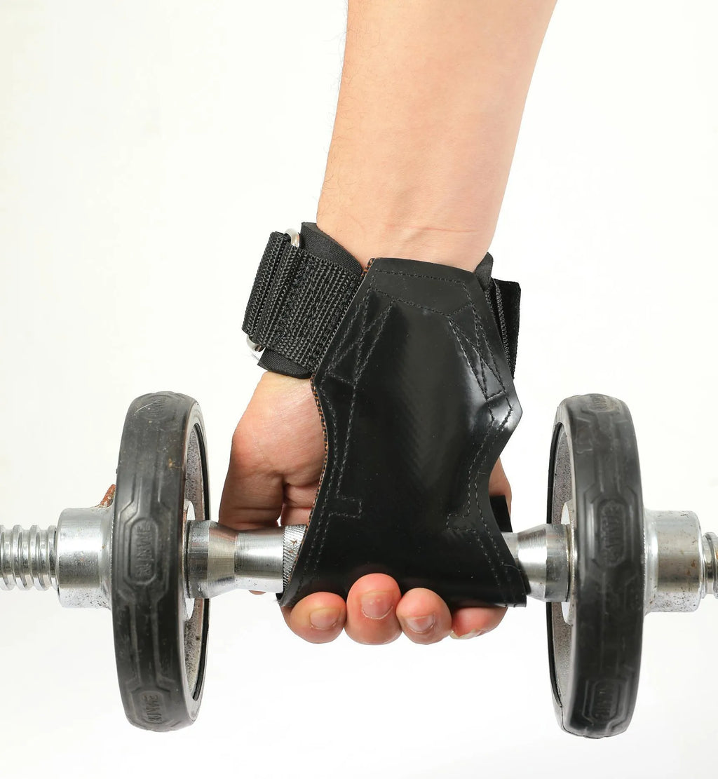 Pair of black booster hose rubber assist belts for non-slip palm protection in weightlifting and rock climbing.