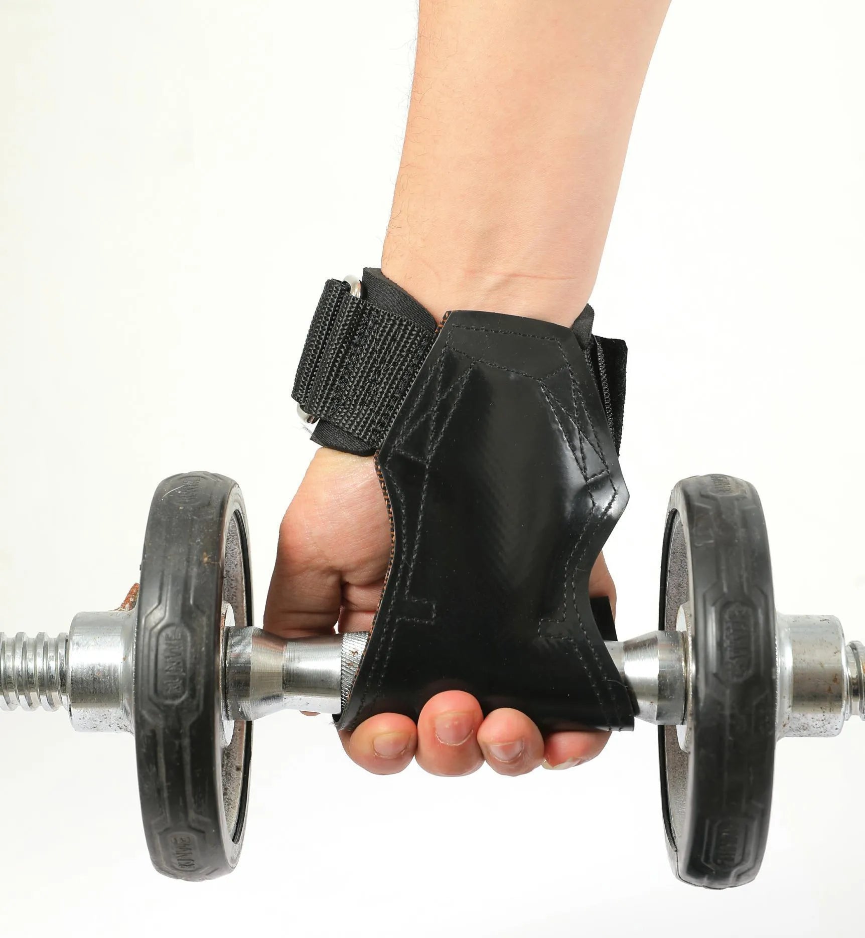 Pair of black booster hose rubber assist belts for non-slip palm protection in weightlifting and rock climbing.