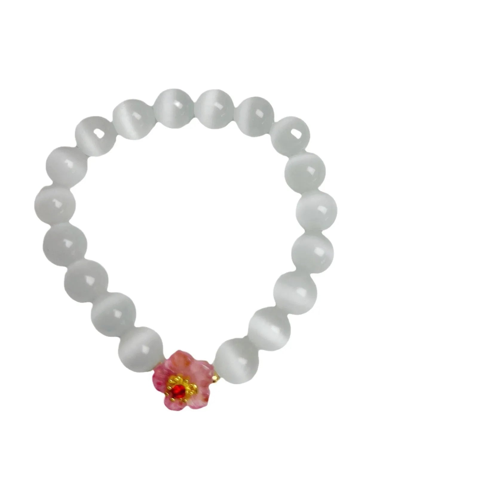 Handmade glass bead bracelet with floral design in yellow, pink, white, or green.