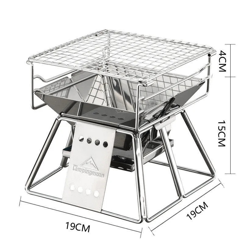 Silver portable folding stainless steel BBQ grill with adjustable height grilling net and carrying case for camping