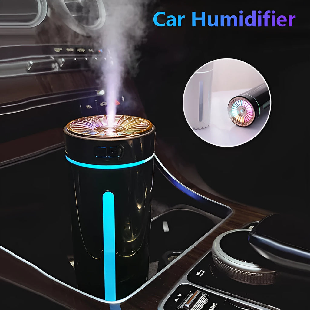 Black portable car humidifier with colourful lights on a car dashboard cup holder