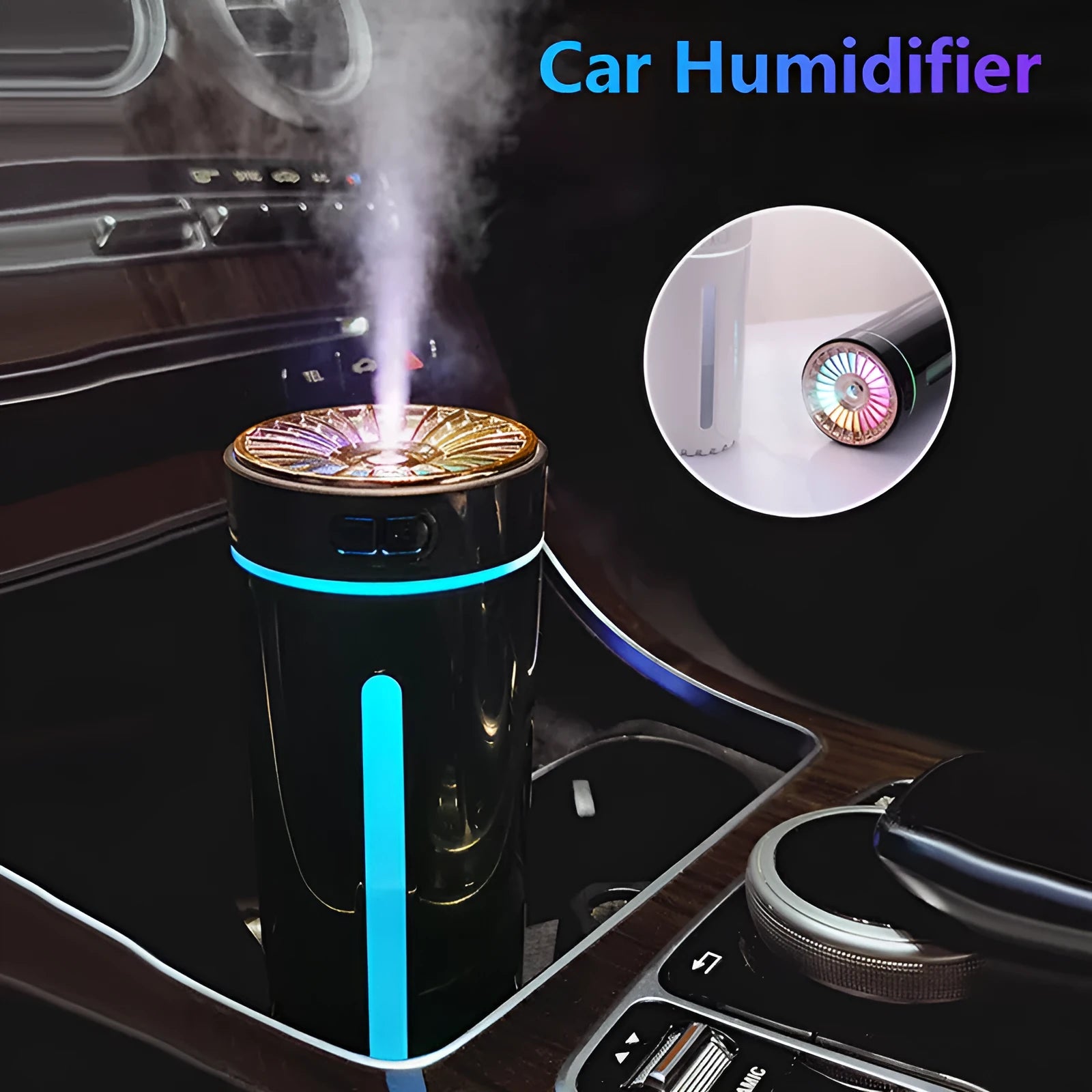 Black portable car humidifier with colourful lights on a car dashboard cup holder
