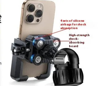Black aluminium alloy motorcycle phone navigation bracket with shock absorber mounted on handlebars