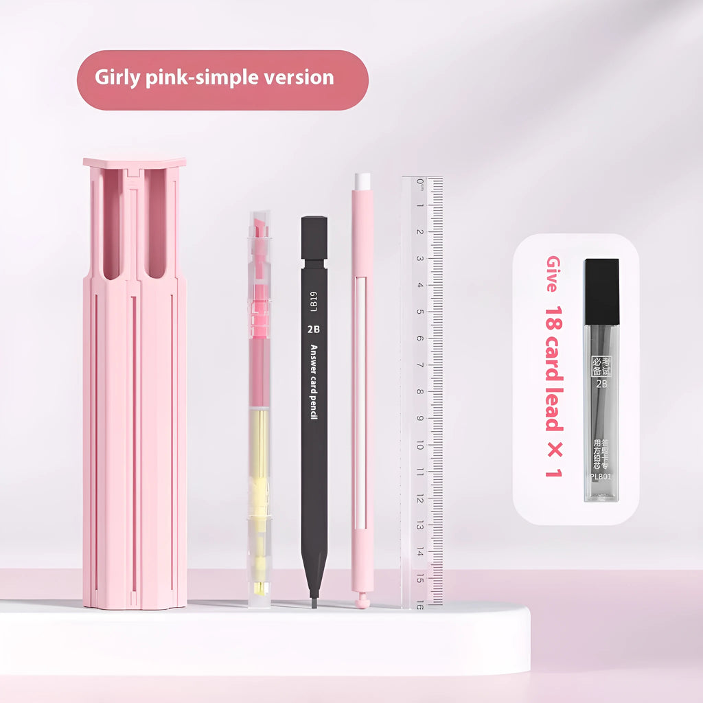 Plastic six pen pencil case kit with pressing pen storage in Sky Blue, Vigorous White, or Girl Pink colours
