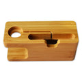 Bamboo watch and smartphone stand with carved details measuring 149mm