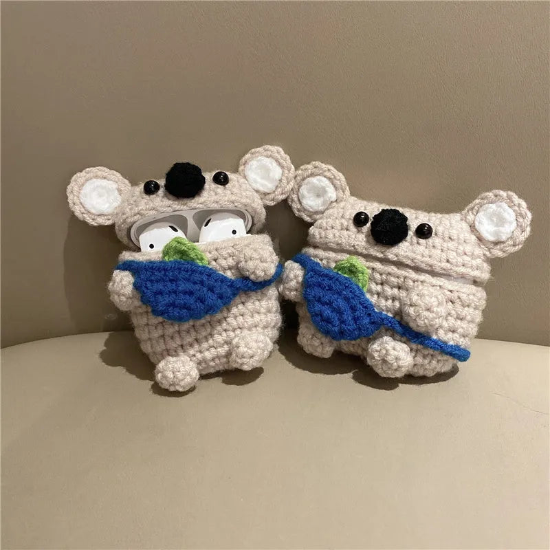 Hand-knitted koala bear backpack design cover for Apple AirPods case.