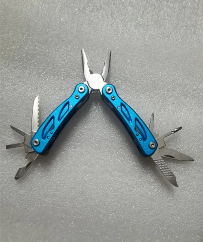 Blue stainless steel folding multi-function pliers with fruit knife tool showing open and closed positions