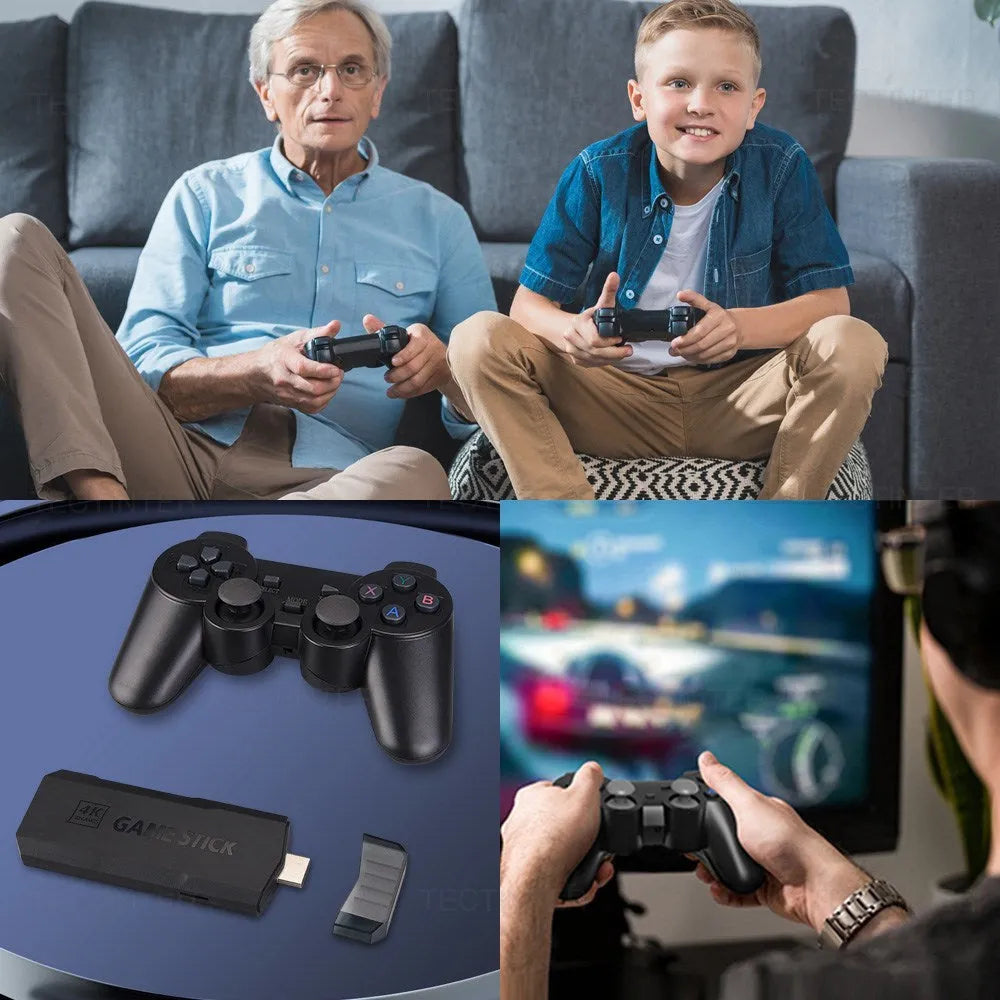 Wireless 4K HD home TV game console with controller, host unit, charging cable and HDMI cable on dark surface