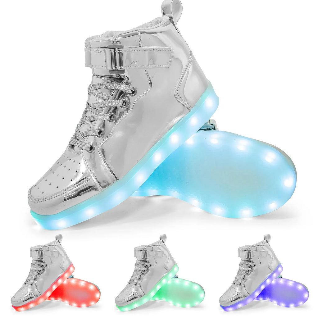 LED light-up high-top board shoes in black with velcro strap and rubber sole.