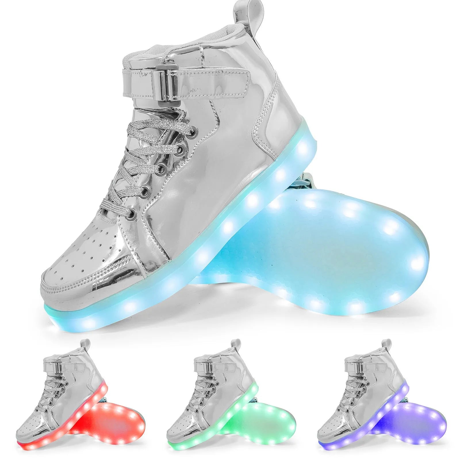 LED light-up high-top board shoes in black with velcro strap and rubber sole.