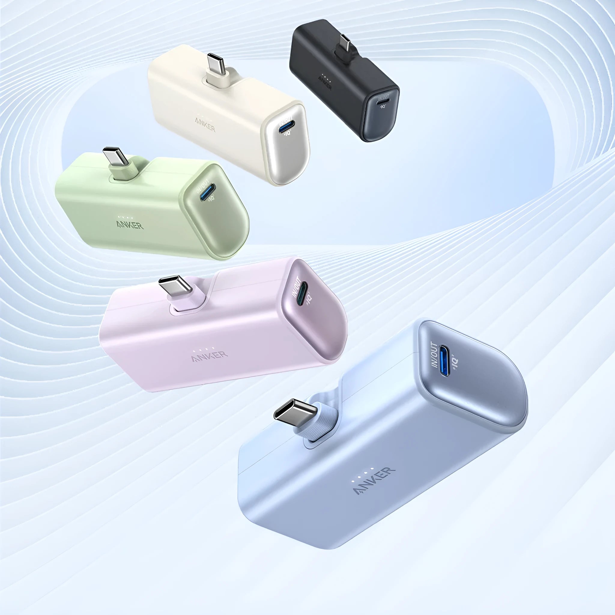 Compact capsule power bank in black white green blue pink colours showing 77x36x25mm size with Type C port
