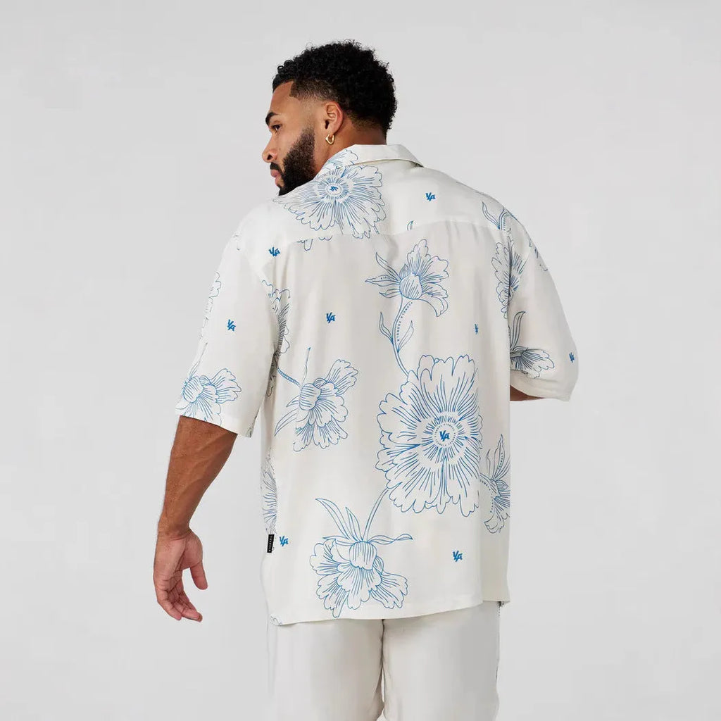 Men's printed casual short sleeve top with flower pattern in polyester elastic fabric