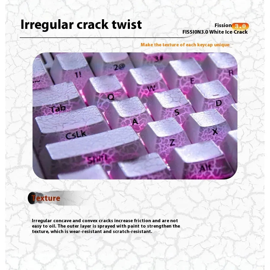 White transparent mechanical keyboard keycap set with side carving details on a black background.
