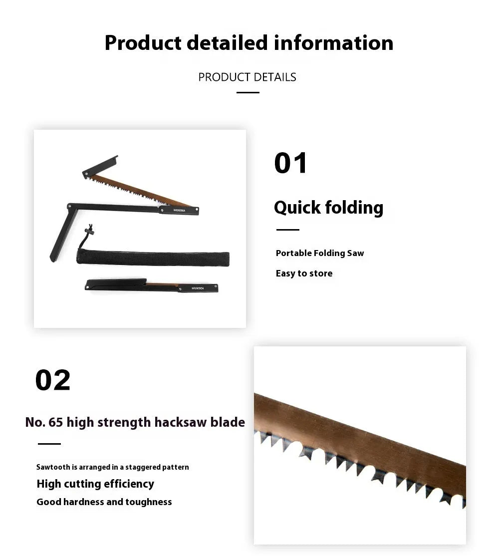 Black outdoor foldable saw with aluminium handle shown in open and closed positions.