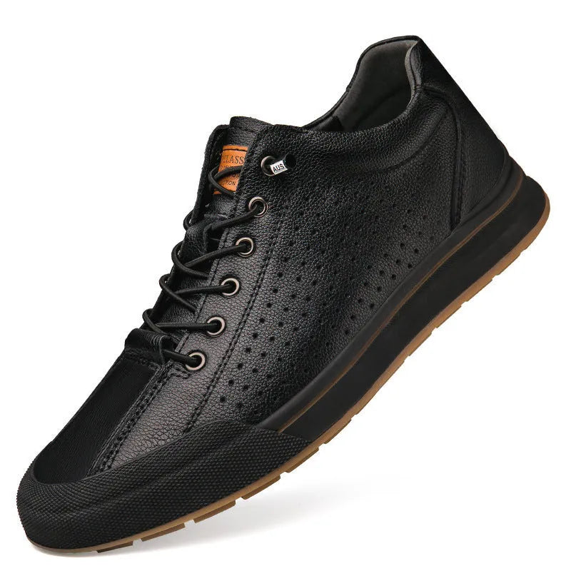 Men's white matte leather casual shoes with round toe and flat heel.