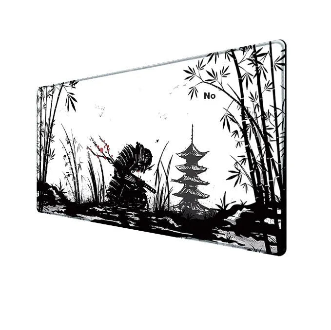 Large black cloth gaming mouse pad with detailed Japanese samurai warrior artwork print.