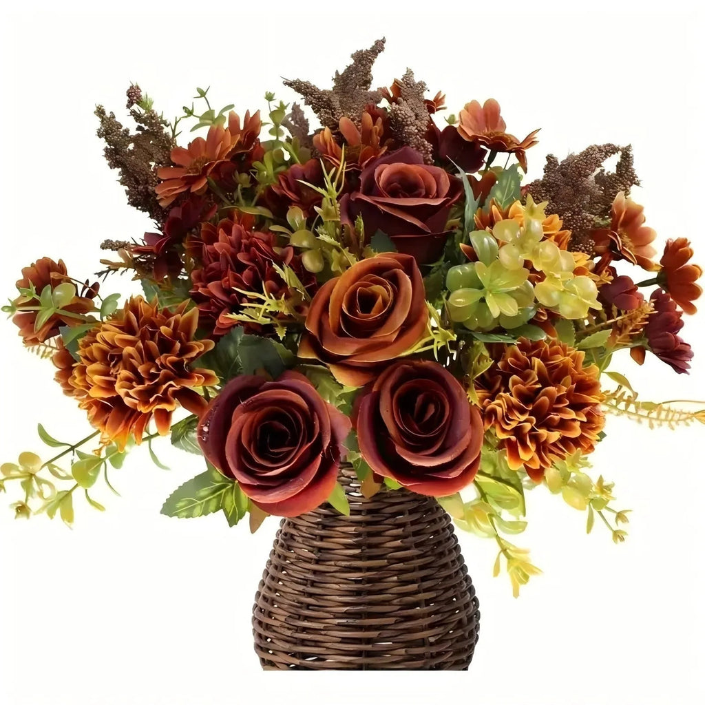 Autumn hydrangea bridal bouquet in silk flower with rose dried flower look, available in brown pink white Champagne