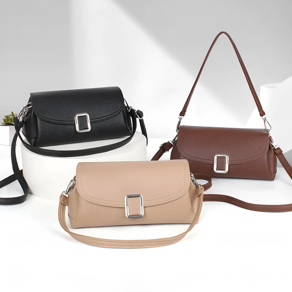 Women's PU shoulder handbag in beige, showing front view with adjustable strap.