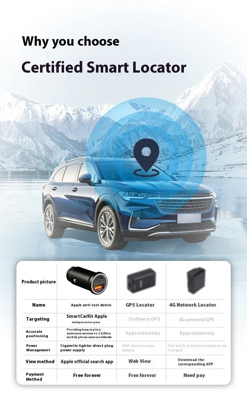 Black ABS plastic GPS car locator tracker with a 12V plug for vehicle charging ports.