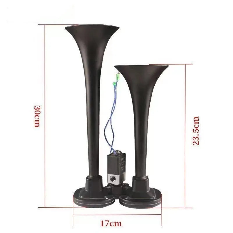 Black 12V 24V 300DB dual trumpet air horn and compressor kit for universal vehicle fitment.