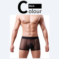 Men's solid-colour thin boxer shorts in quick-drying polyester fabric on a size chart