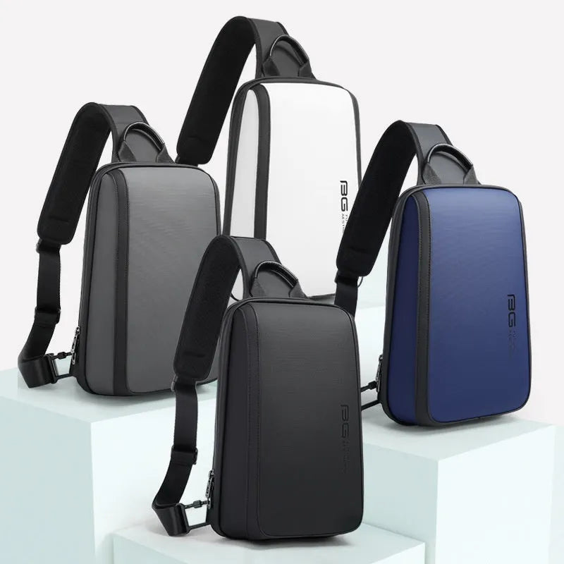 Men's blue Oxford cloth chest bag with soft handle and shoulder straps.