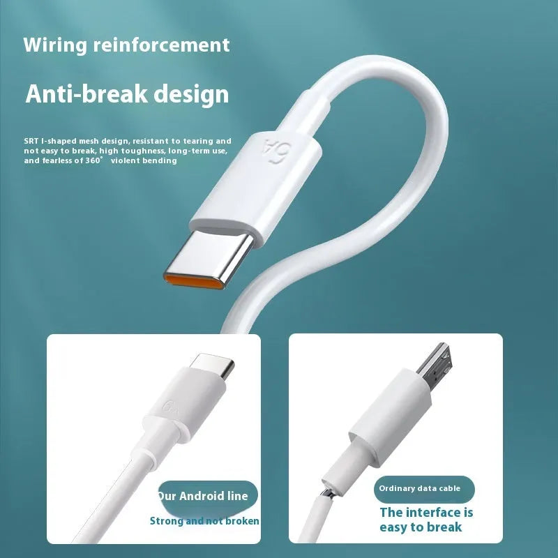 White PVC 6A super fast charge data cable for TYPE-C devices in multiple lengths 0.3m-2m