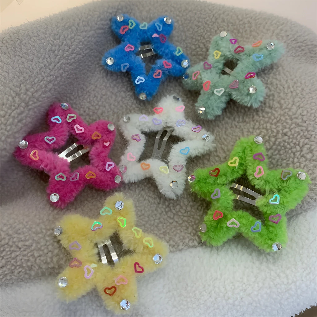 Plush diamond-encrusted five-pointed star hair clip for bangs in multiple colours including green, red, and yellow