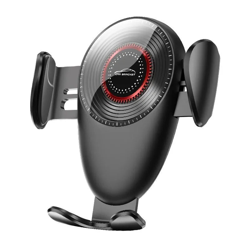Black universal car phone bracket with mechanical support frame for dashboard or air vent mounting