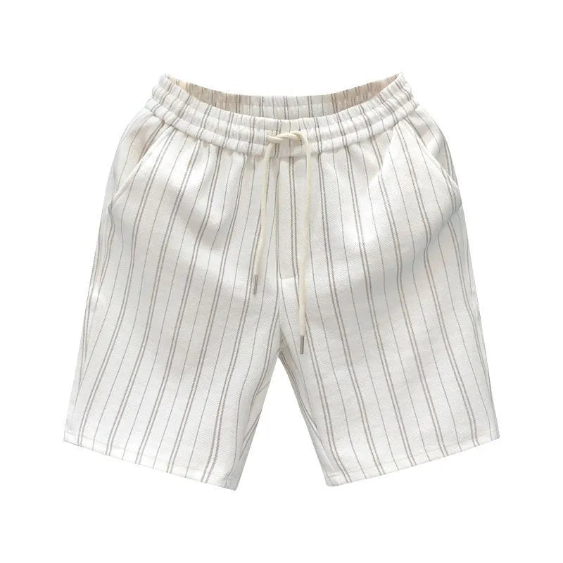 Men's black and white striped fleece-lined casual shorts on a neutral background.