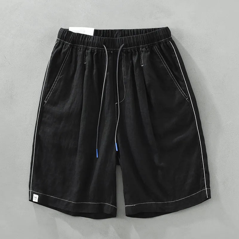 Men's linen straight drooping shorts in black or green with drawstring waist for summer casual wear