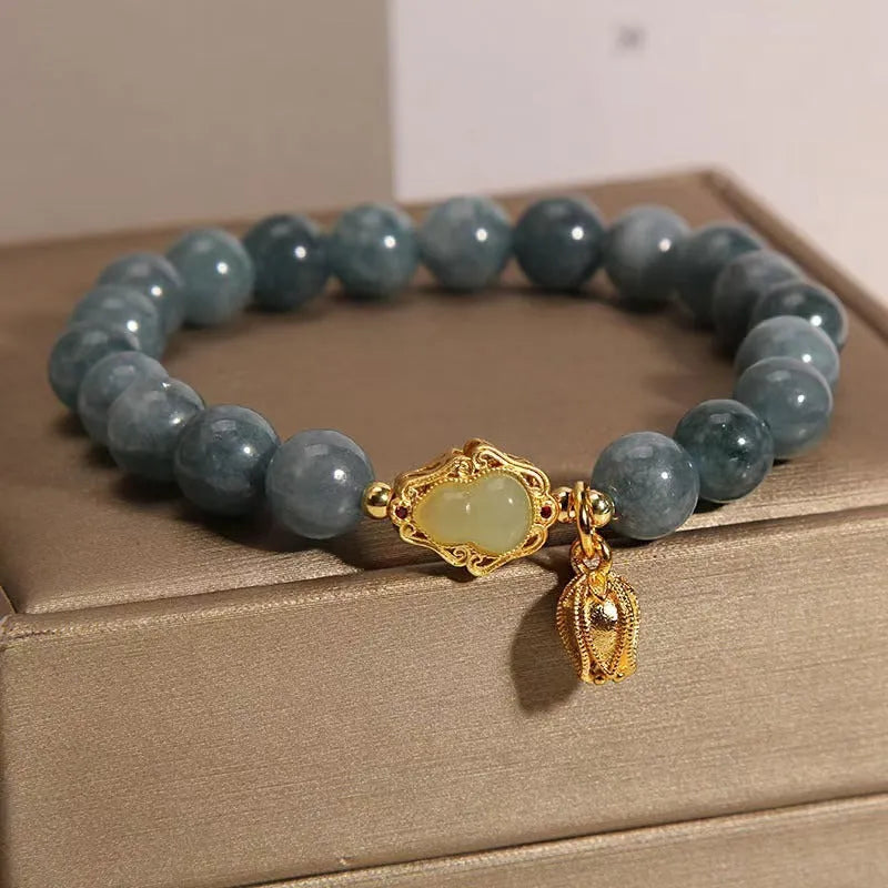Natural stone bracelet with sky blue electroplated lotus gourd pendant for women