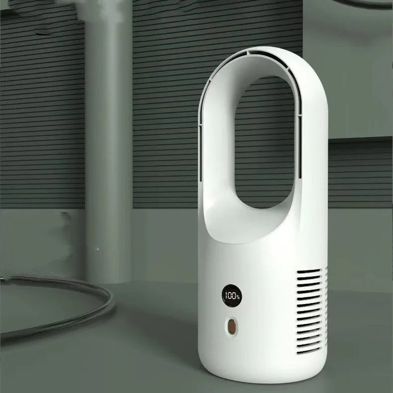 White bladeless desk fan with LED display on a wooden desk