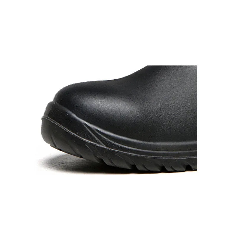 Black leather high-top safety work boots with anti-piercing sole protection.
