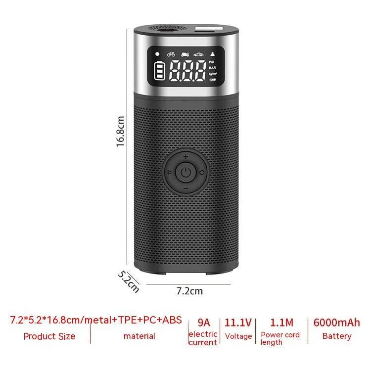 Black portable wireless vehicle air pump with LED light, 15cm hose and accessory nozzles
