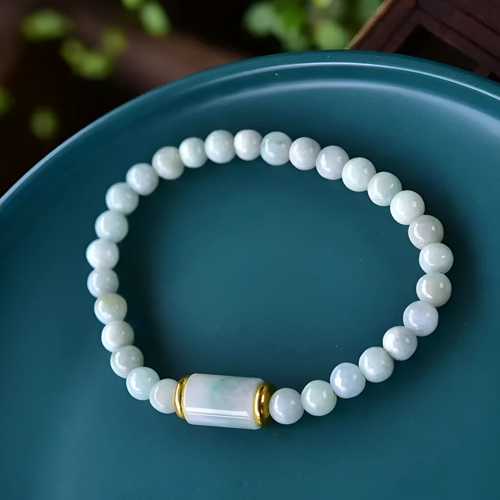 Myanmar jade bracelet with emerald green ice stone lucky beads in ethnic geometric design