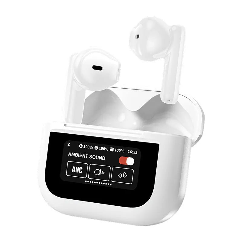Bluetooth headset with full-colour LCD touch screen showing YX28 display in white colour option