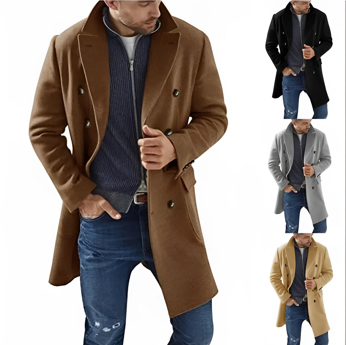 Woolen men's coat in light gray, khaki, black or camel with embedded line pockets and polyester lining, sizes S to 2XL.