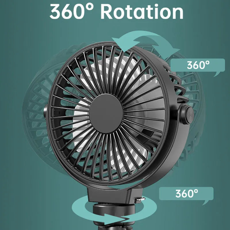 Black flexible tripod clip-on fan with 2000mAh battery, showing 3 speed buttons and 360° rotating head.