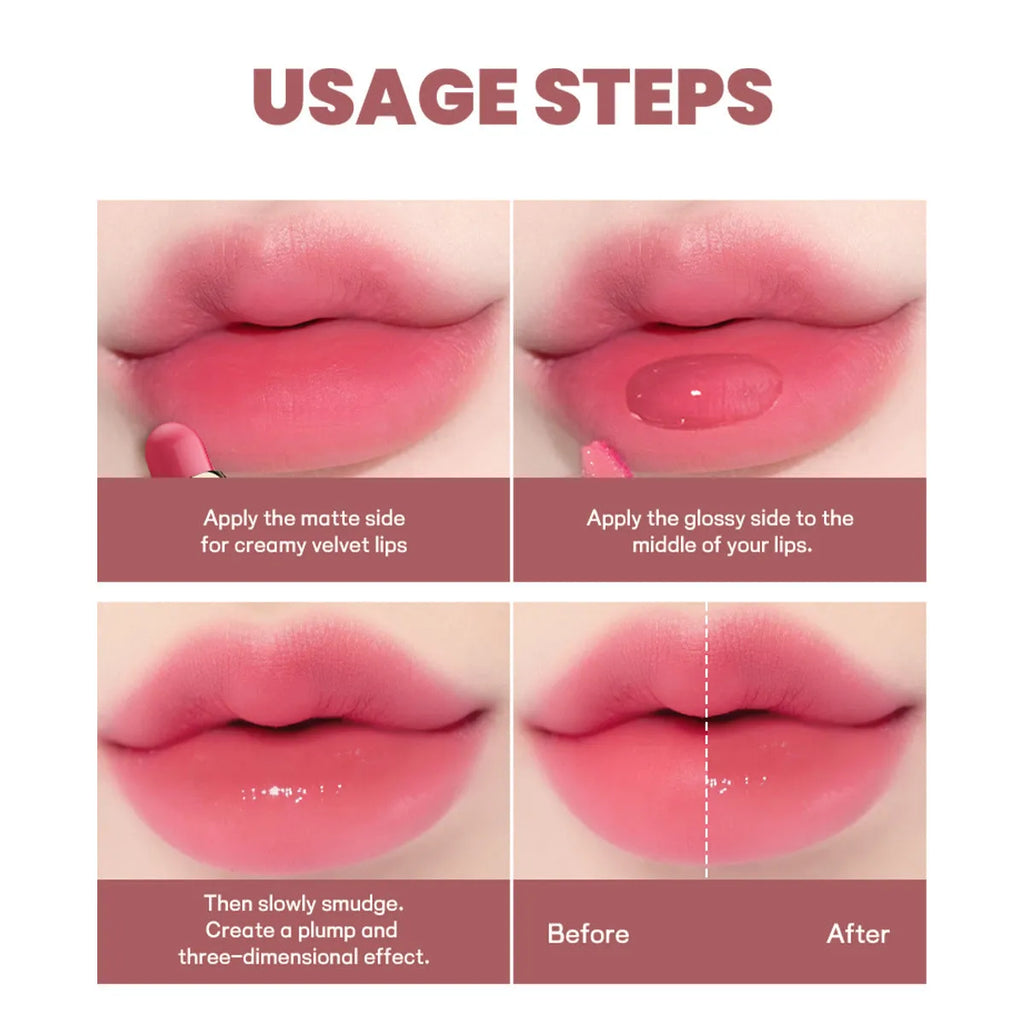 Double-headed lipstick and lip gloss set showing ten matte finish colour options.