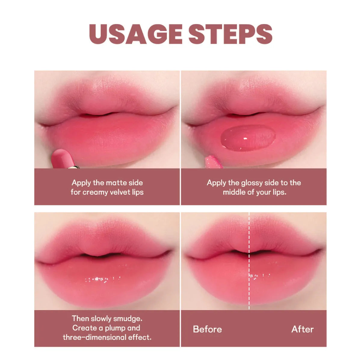 Double-headed lipstick and lip gloss set showing ten matte finish colour options.