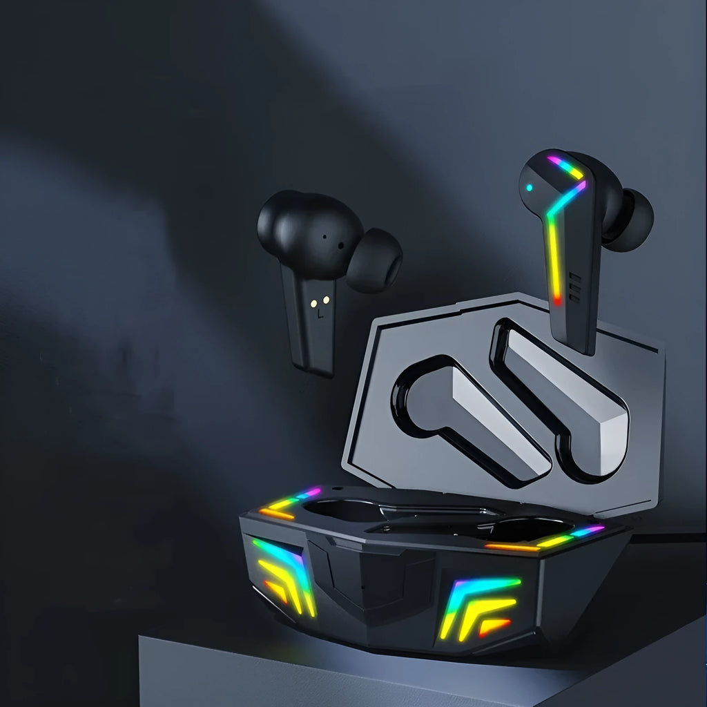 Black TWS Bluetooth in-ear headset with low latency for gaming and sport.