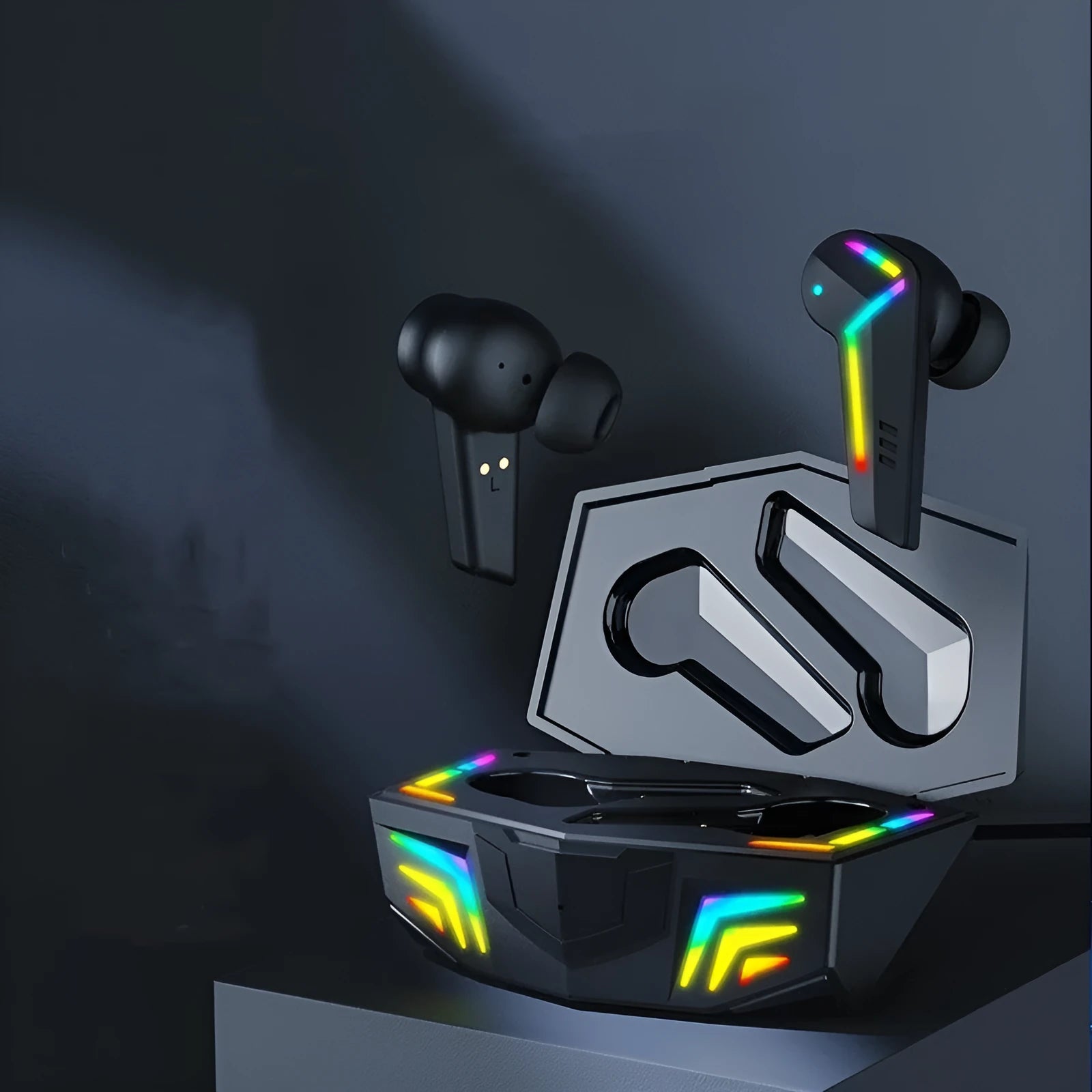 Black TWS Bluetooth in-ear headset with low latency for gaming and sport.