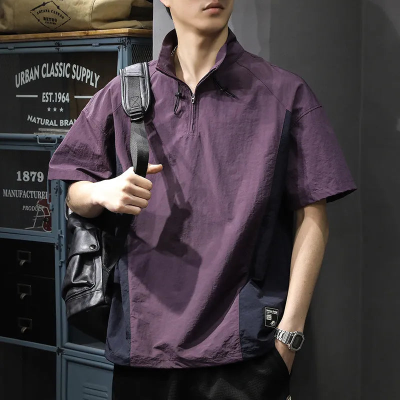 Brown men's half-zip stand collar short-sleeved shirt on a hanger
