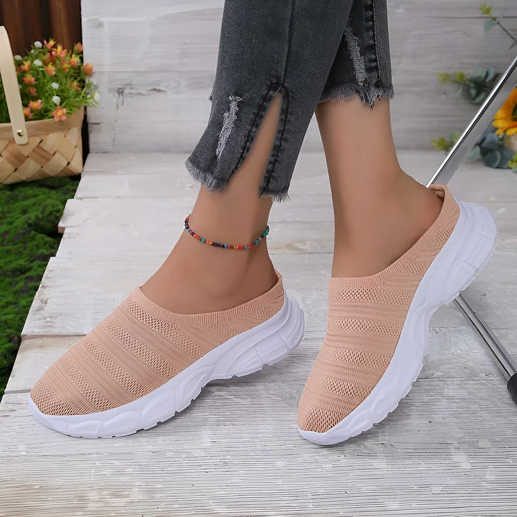Women's mesh casual wedge heel slipper in beige with round toe and rubber sole