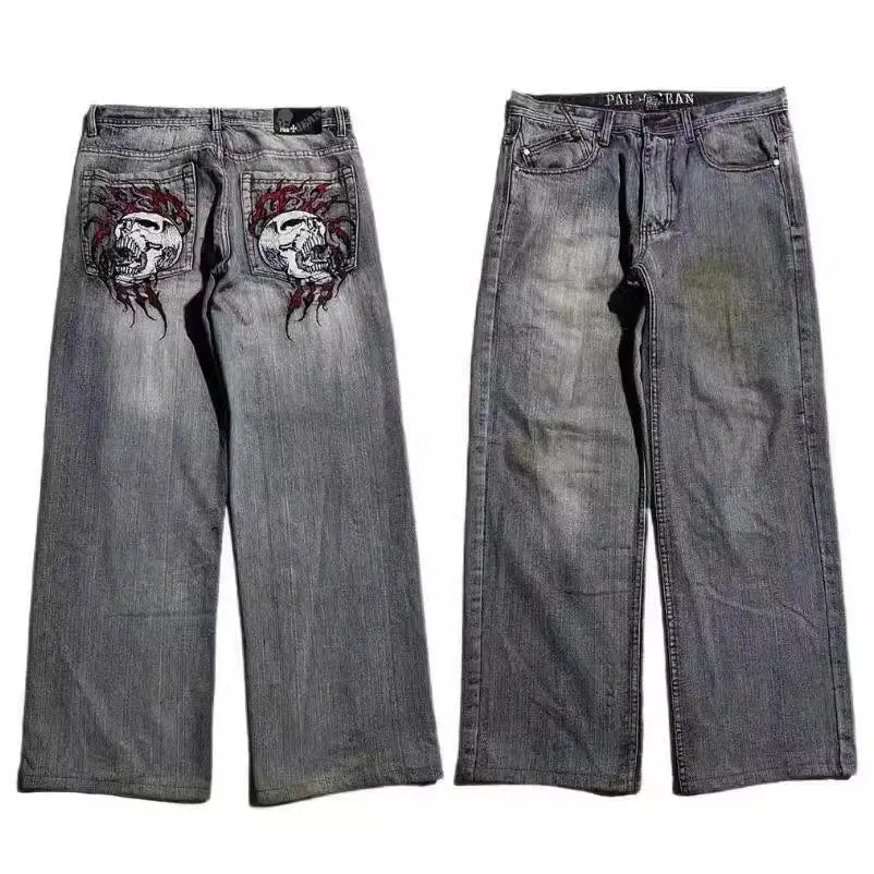 Men's grey washed-out wide-leg straight-cut denim jeans on a neutral background.