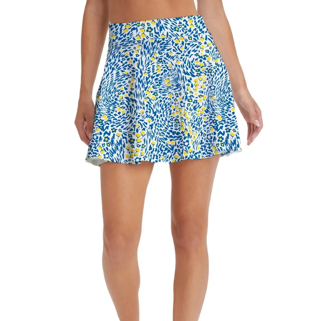 Women's high waist half-length sports skirt in blue, shown for golf or tennis wear.